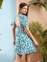 Women Blue Floral Rhombus Neck A-Line Short Dress