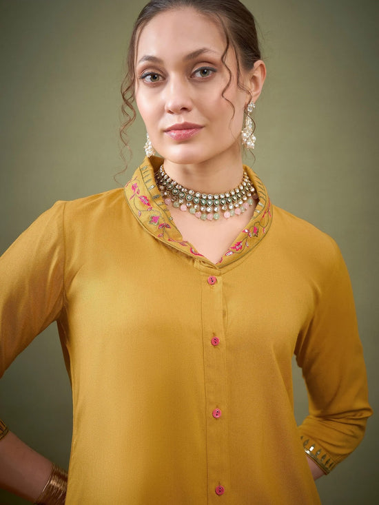 Women Mustard Shawl Collar Embroidered Shirt With Palazzos