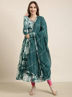 Women Anarkali Teal Floral Kurta Comes with Dupatta-TF-126-Teal