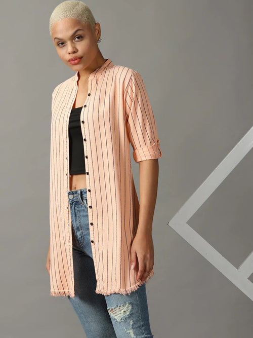 Women's Pink Striped Longline Shirt-AE-444107-Peach