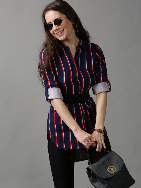 Women's Blue Striped Longline Shirt-AE-10420-Navyblue