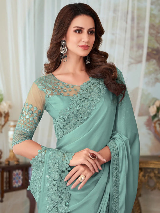 Saree Mall Women's  Blend Sea Green Embellished Designer Saree With Blouse Piece-SILVER27003D