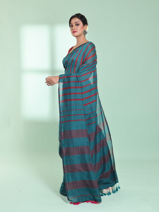 Teal Cotton Saree With Stripes Pattern-MA59CT06530041