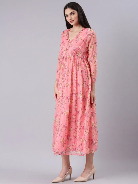 Women Peach Floral Empire Dress-DW-4167-Peach