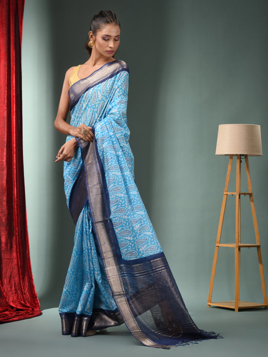 Sky Blue Blended Silk Handwoven Ajrakh Print Saree-MA50BSL34830021