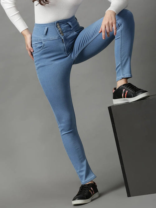 Women's Blue Solid Skinny Fit Denim Jeans-GZ-5284-Blue