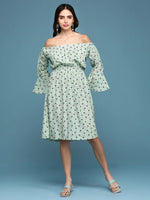 Women's A-Line Green Printed Dress-AE-9887-Greennavyblue