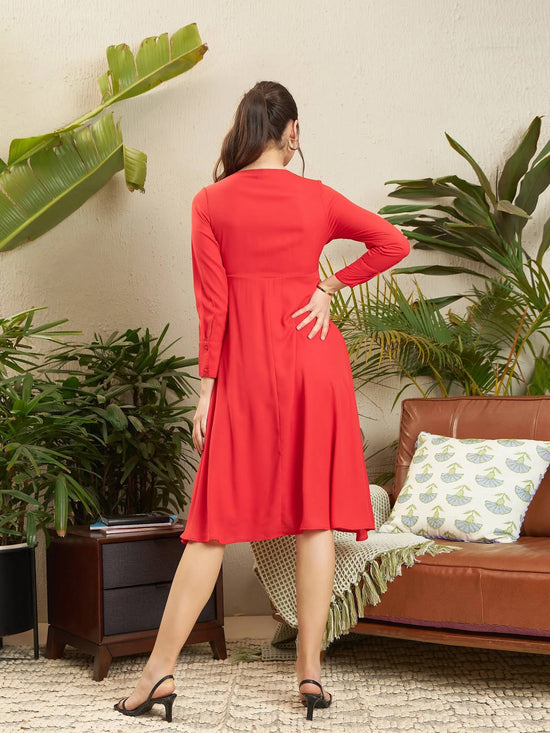 Women Red Front Twisted Midi Dress