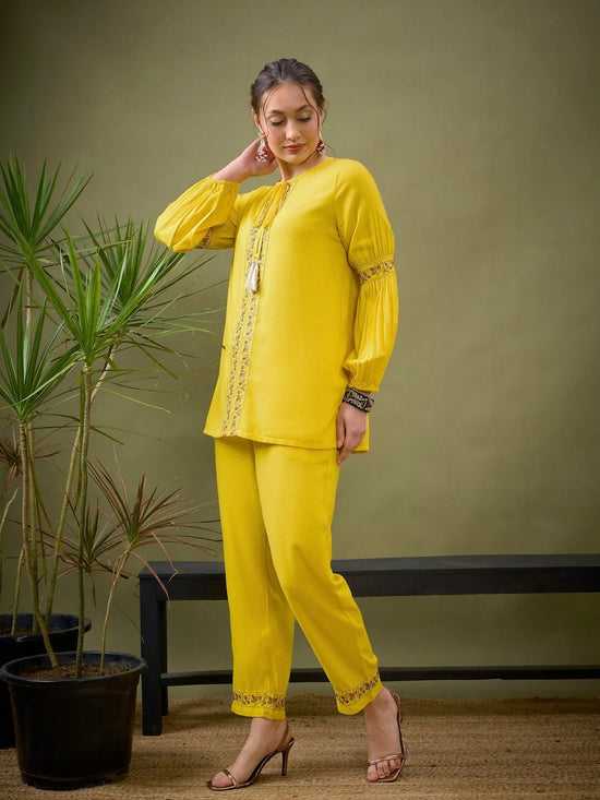 Women Yellow Front Embroidered Shirt With Palazzos