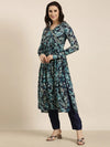 Women Straight Blue Floral Kurta and Trousers Set Comes With Dupatta-DK-3608-Blue