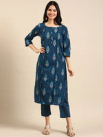 Women's Teal Printed Kurta Set-JC-04-Teal