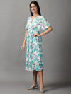 Women's White Floral Fit and Flare Dress-KG-592-Whiteturquoiseblue