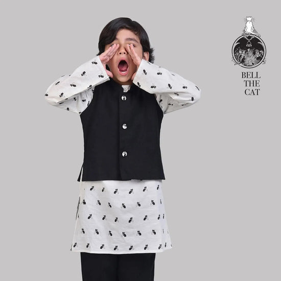 Cotton Nehru Jacket with Kurta Pajama Set with Bell The Cat Print