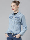 Women Blue Solid Denim Jacket-GZ-5534-Blue