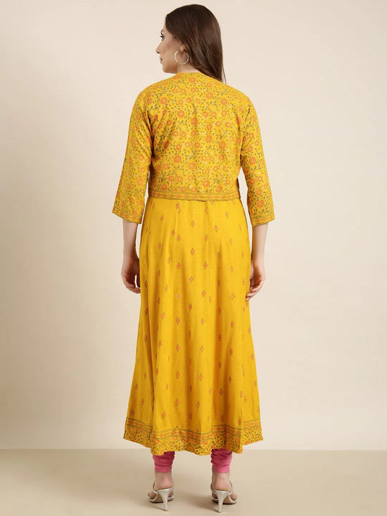 Women Anarkali Mustard Floral Kurta Comes With Overcoat-AT-JK-1158-Mustard