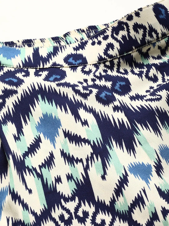 Box Pleat Shirt with flare plants in Blue Ikkat Print