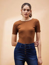 Women Brown Rib Round Neck Bodysuit