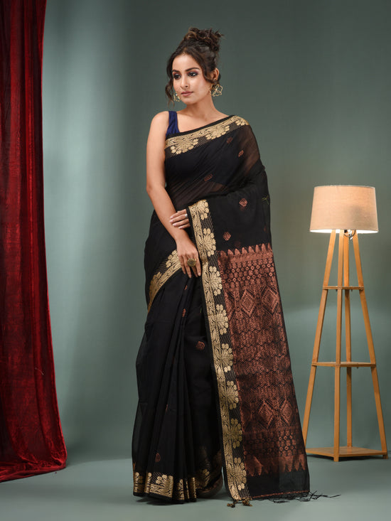 Black Cotton Blend Handwoven Saree With Woven Zari Border-MA50BCT061100034