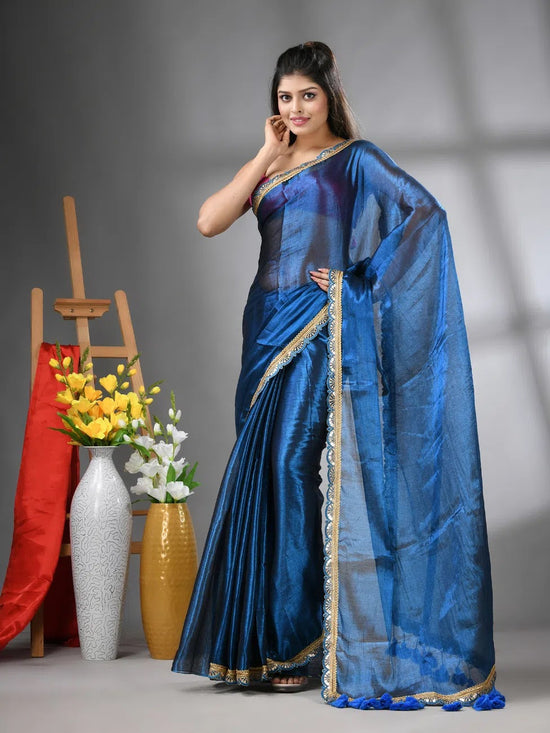 Sapphire blue Shimmer Tissue Saree With Gota Patti Borders-MA62TIS33990012