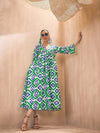 Women Green & Blue Ikat V-Neck Gathered Midi Dress