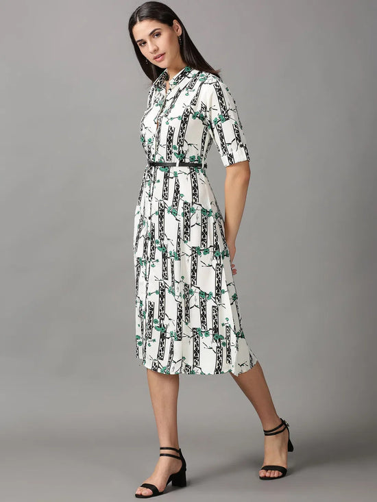 Women's White Printed Fit and Flare Dress-AE-444132-Offwhitegreen