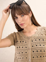 Women Beige Round Neck Crochet Top