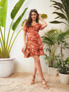 Women Rust Floral Frill Hem Ruched Mini Dress