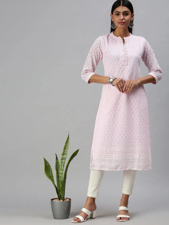 Women's Pink Embroidered Straight Kurta-SKC3208-Pink