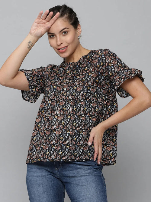 Women's Black Printed Peplum Top-SKF-087-5-Black