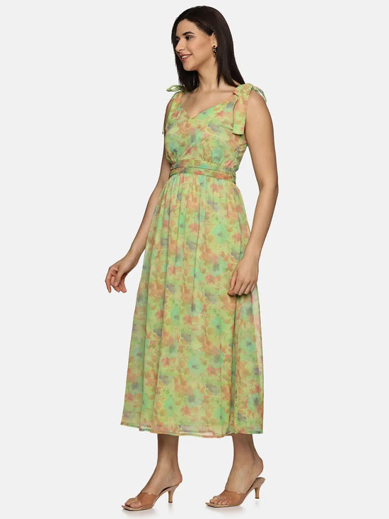 Floral Green Tie-up Detailed Maxi Dress-17351