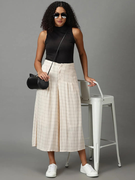 Women's Cream Checked Culottes-AE-10402-Cream