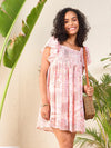 Women Peach Patch Print Smocked Short Dress