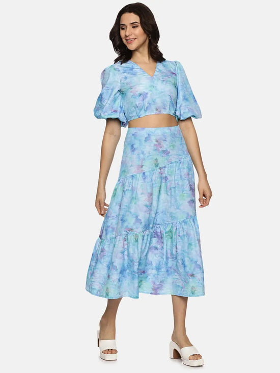 Floral Blue Cut And Sew Midaxi Co-ord Set-17337