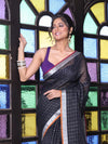 Black Checkbox Designs Soft Linen Saree With Zari Borders-MA62LN33990027