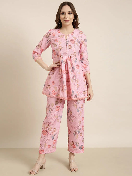 Women Pink Printed Tunic & Palazzos Set-ON-764-Pink