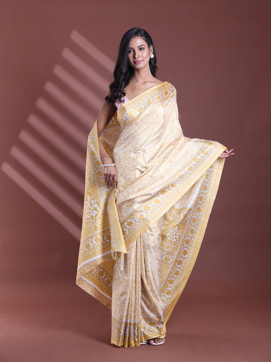 Yellow Silk Soft Saree With Floral Print-MA60BSL01400070