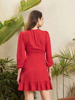 Women Red Frill Hem Short Dress