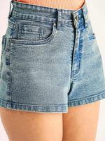 Women Blue Denim Faded Shorts