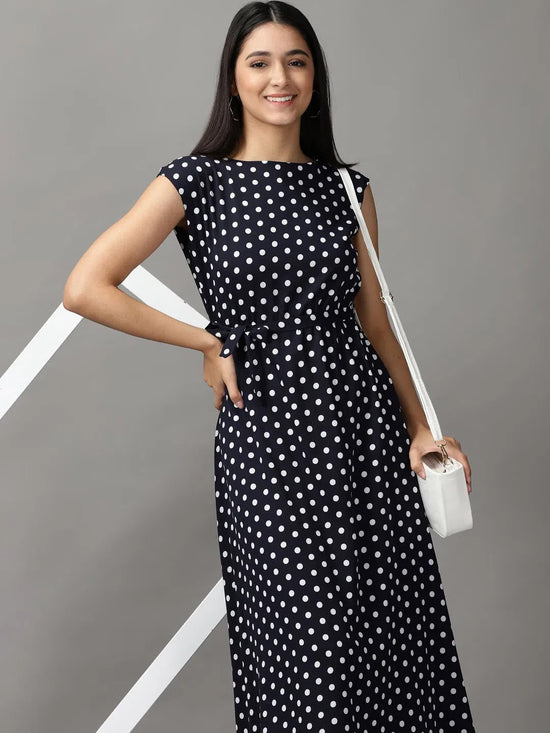 Women's Blue Polka Dots Fit and Flare Dress-AE-15690-Navyblue