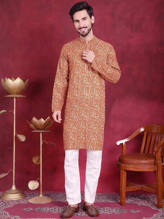 Men's Digital Printed Kurta with Pyjama.-JOKP-5014Mustard