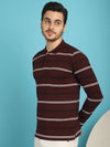 Venitian Men Striped Polo Neck Full Sleeves Wine T-Shirt Wih Pocket