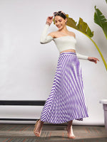 Women Purple & White Satin Striped Accordion Pleated Maxi Skirt