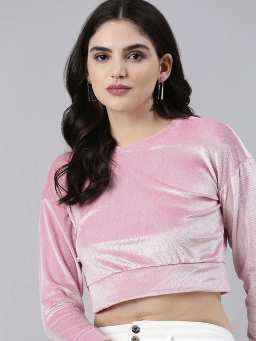 Round Neck Regular Sleeves Embellished Pink Crop Top-AE-10665-Pink