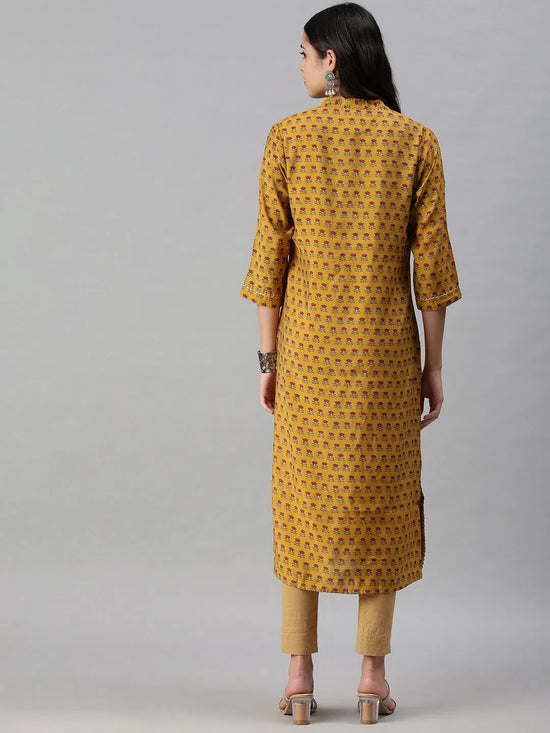 Women's Yellow Printed Straight Kurta-BCCK827-Mustard