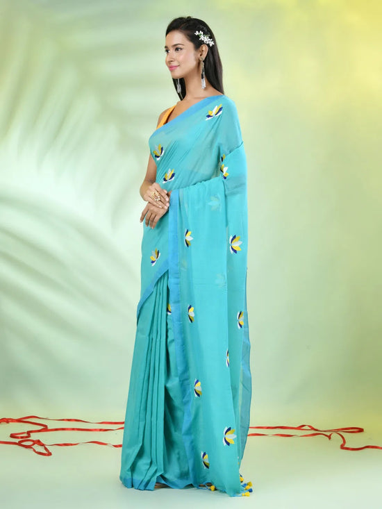 All Over Thread Embroidery Sea Green Cotton Handspun Saree-MA62CH33660048