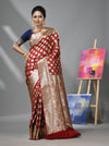 Dark Red Silk Banarasi Saree With Damask Motifs And Woven Degins-MA52BSL441050095