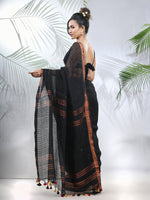 Black Linen Saree With Sequined Work In Stripes-MA56LN331160036