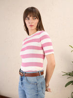 Women Pink & White Striped Acrylic Top