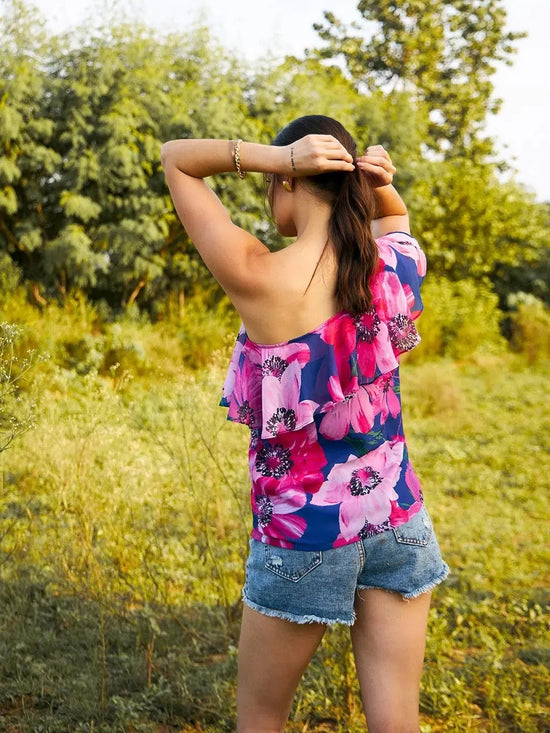 One shoulder Frill Top in Blue and Pink Print