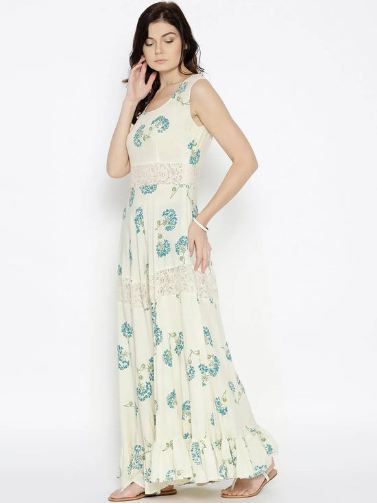 Floral printed maxi dress with lace inserts with Blue Print